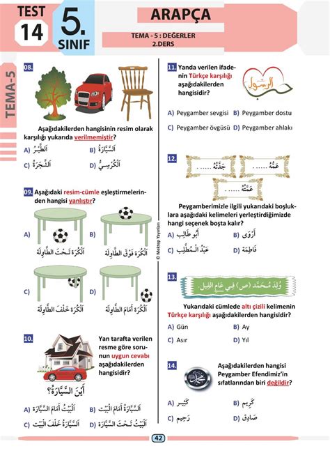 5 sınıf arapça test kitabı mektep yayınları cevapları